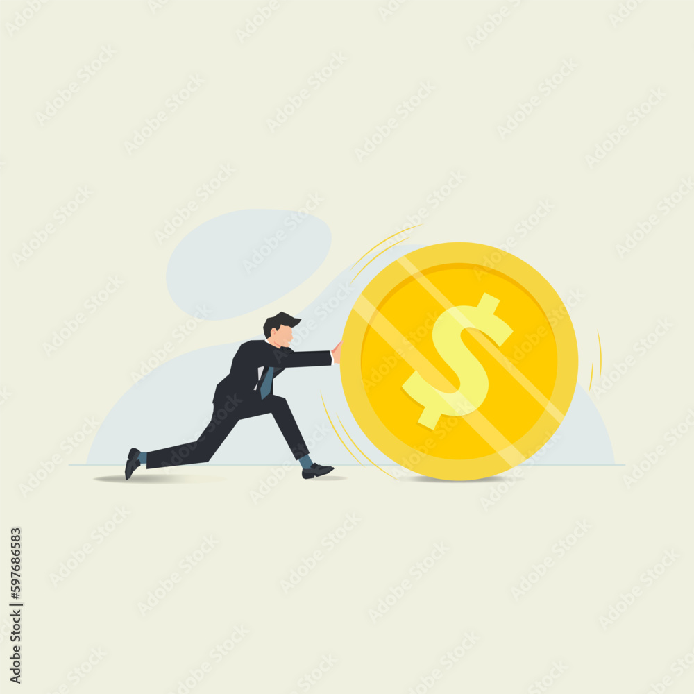 Businessman rolls giant dollar coin. Investment, finance, stock market concept vector illustration