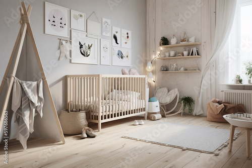 Scandinavian nursery with modern minimalist decor, Generative AI
