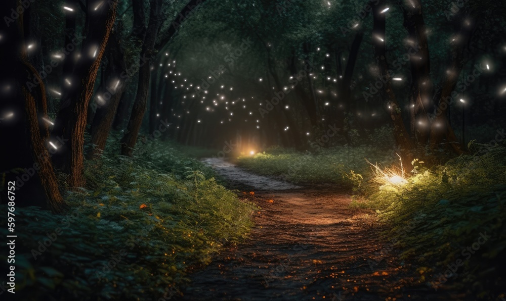 Glowing fireflies create a fairy tale forest path Creating using generative AI tools