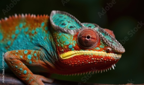 Vibrant colors of chameleon captured in close-up shot Creating using generative AI tools © uhdenis