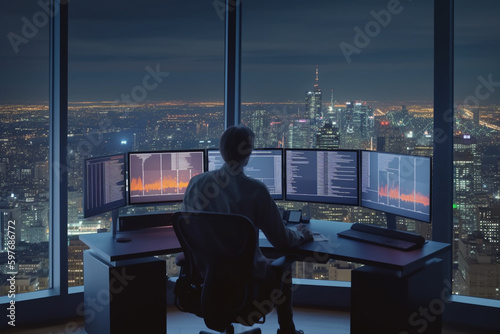 Business, finance and occupation concept. Man doing analysis behind multiple screens showing charts and statistics. Stock, crypto, forex, financial market research. Cityscape at night in background