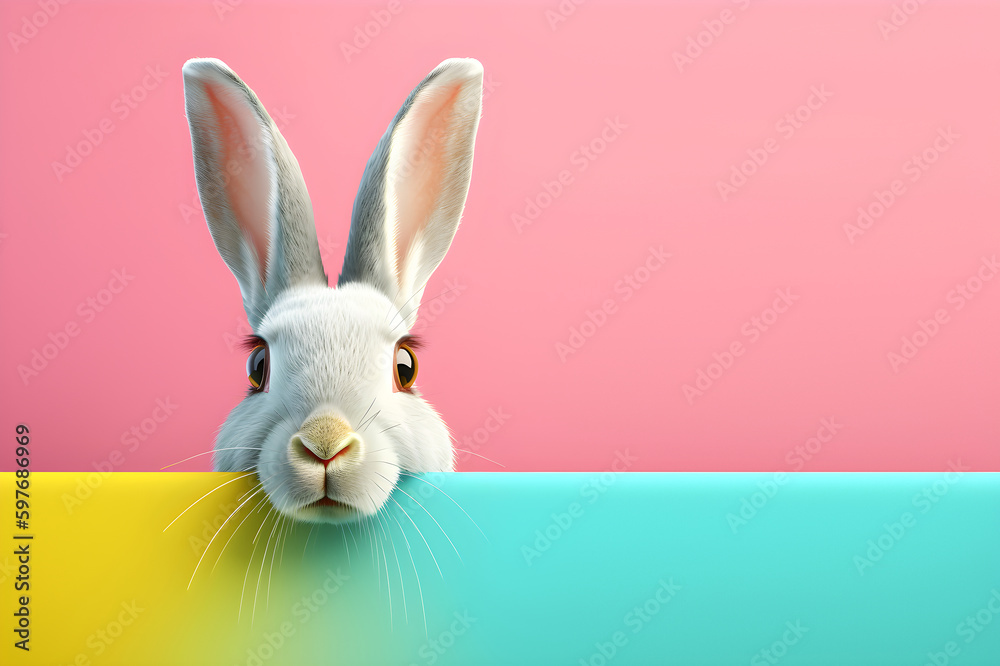 Obraz premium Creative animal concept. Rabbit hare bunny peeking over pastel bright background. advertisement, banner, card. copy text space. birthday party invite invitation 