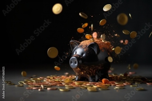 Broken Piggy bank with flying gold coins on black background. banking crises, recession, bank runs, unemployment, stagnation, bankruptcy, insolvency concept, generative Ai