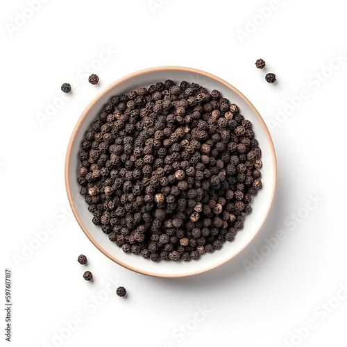 Black pepper in bowl on white backdrop. Generative AI.