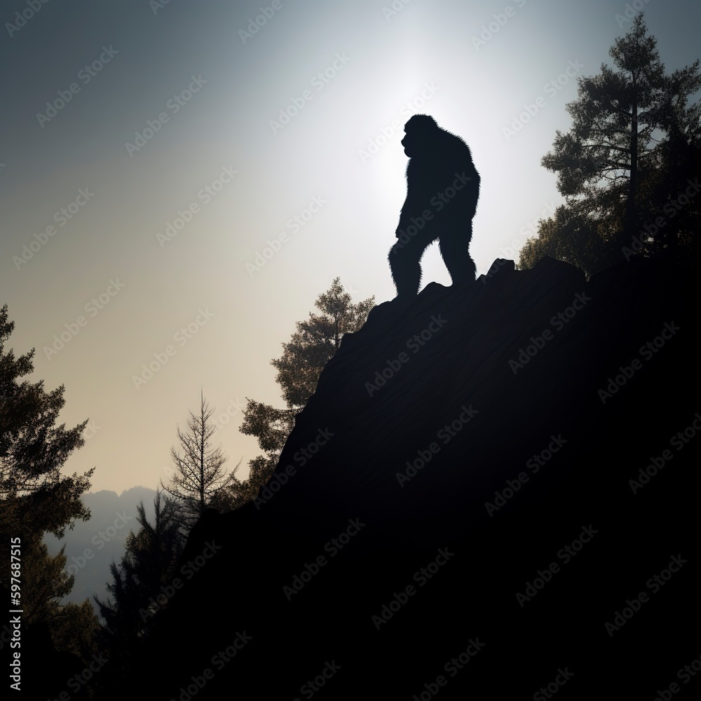 A sasquatch silhouette poised on a rock ledge. Generative AI.