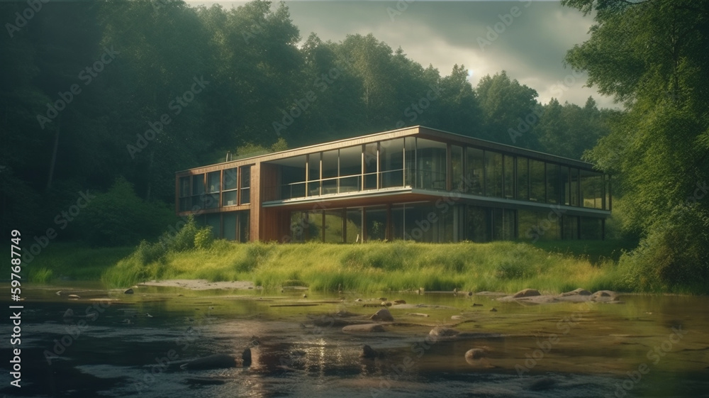 Fototapeta premium Modern flat roof house surrounded by nature. 3D visualization