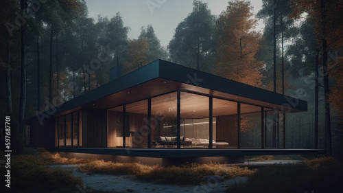 Modern flat roof house surrounded by nature. 3D visualization © House