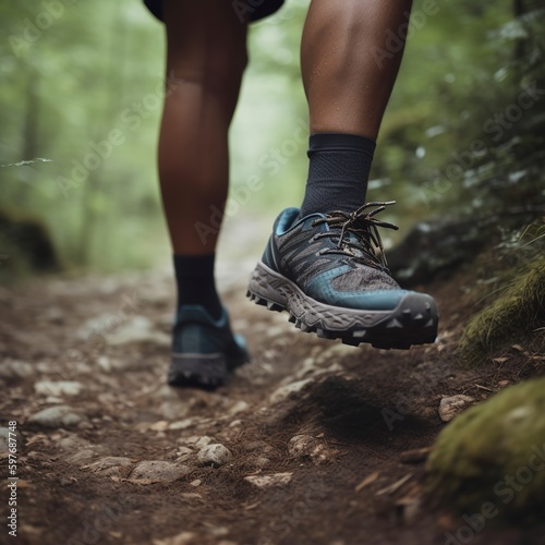 On a mountain slope, a trail runner is wearing trail running. Generative AI.