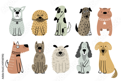 Collection of cute dogs. Set of 10 doodle pets on a white background.