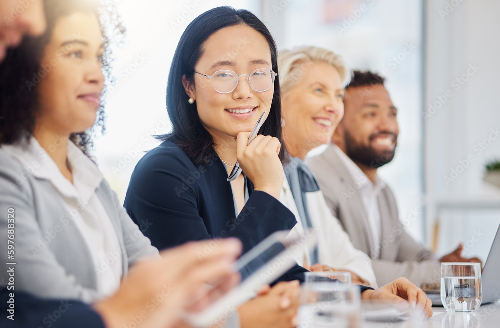 Conference meeting, portrait and happy woman, row of business people or Asian manager listening at tradeshow panel. Audience, attention or female person smile during trade show presentation