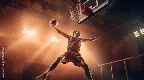 Professional Basketball player on basketball court in action. Slam dunk. Jump shot © Creation    Art