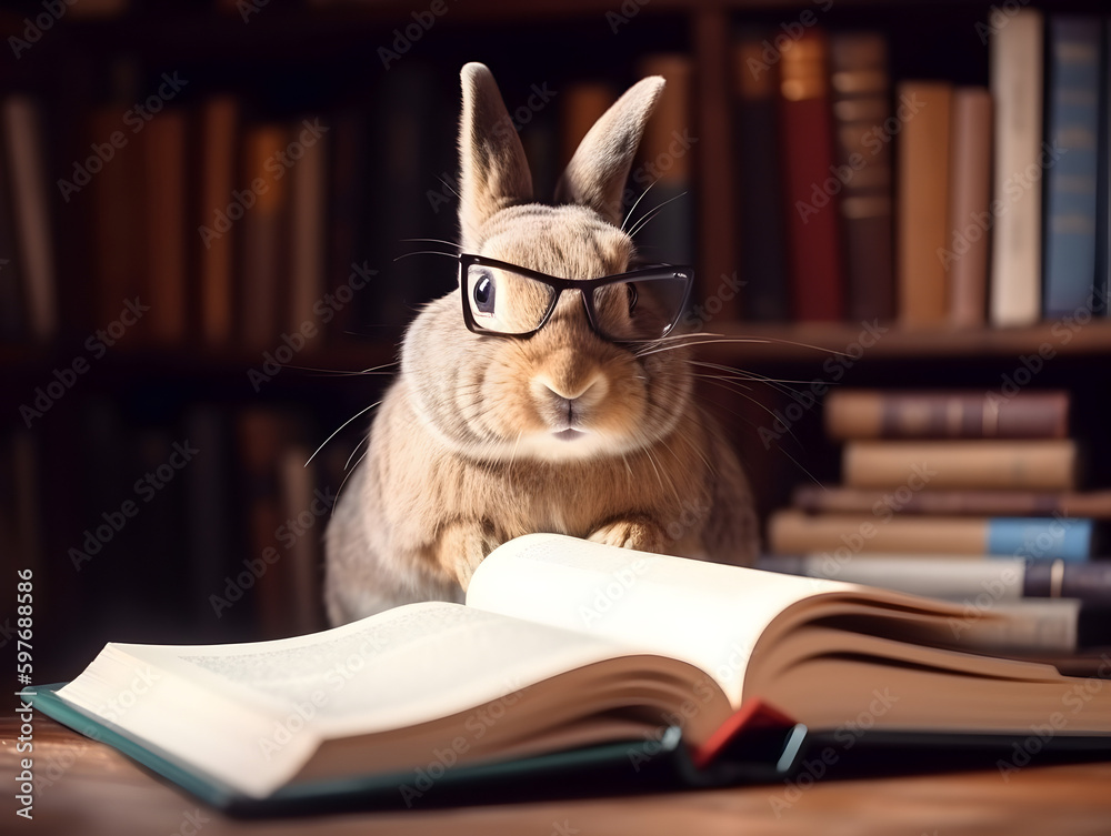 Cute rabbit with eyeglasses and book about bedtime stories.