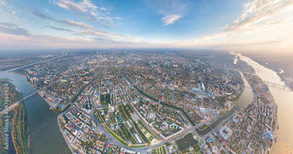 Astrakhan, Russia. Astrakhan Kremlin. Panorama of the city from the air in summer. Volga river. Sunset time. Aerial view