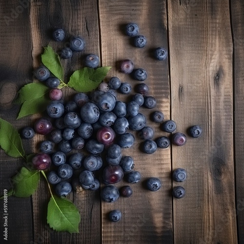 Delicious blueberries on a hardwood background with copyspace. Generative AI.