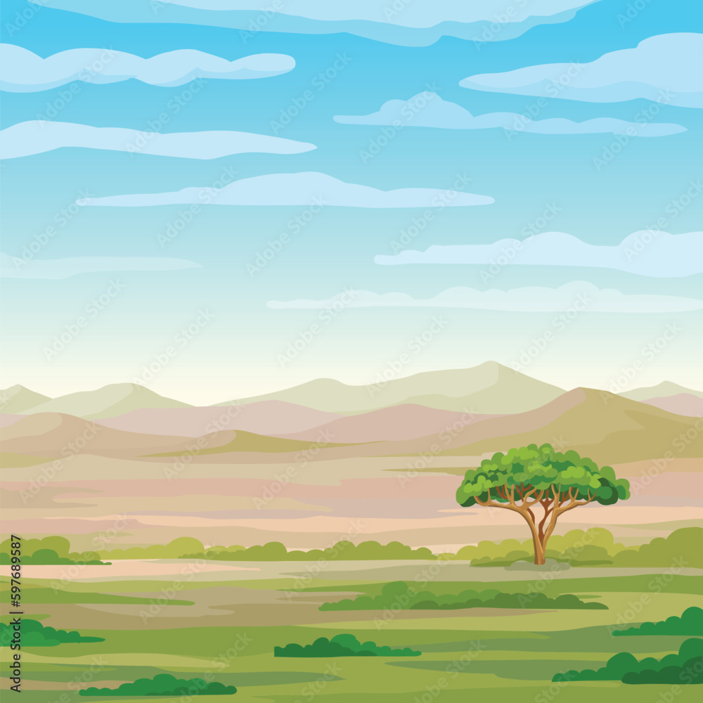 Decorative landscape - African savanna. Lone tree. Vector illustration. 