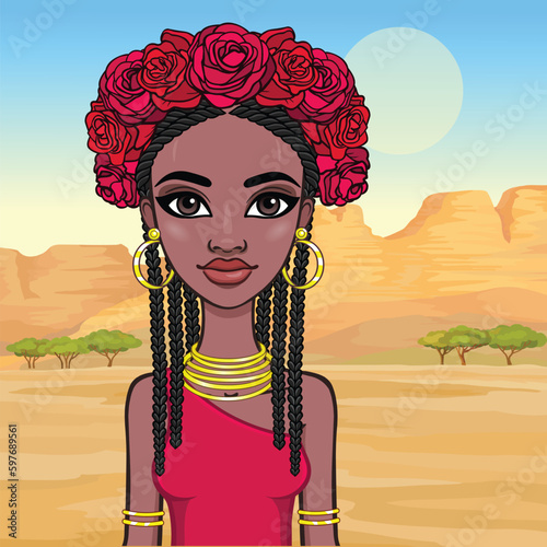 Animation portrait of the young beautiful African woman with Afro hair and wreath of blue roses. Background - landscape desert, mountains, trees. Vector illustration.