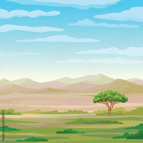 Decorative landscape - African savanna. Lone tree. Vector illustration. 