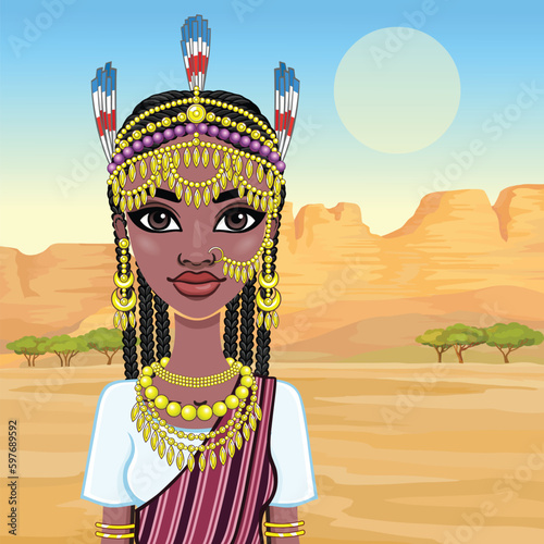 Animation portrait of a young African woman in ancient ethnic jewelry. Background - landscape desert, canyon, trees. Vector illustration.