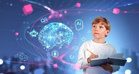 Boy taking notes, digital AI brain hologram with icons and data