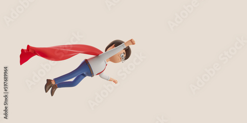 3d rendering. Cartoon man flying in super hero cloak, copy space