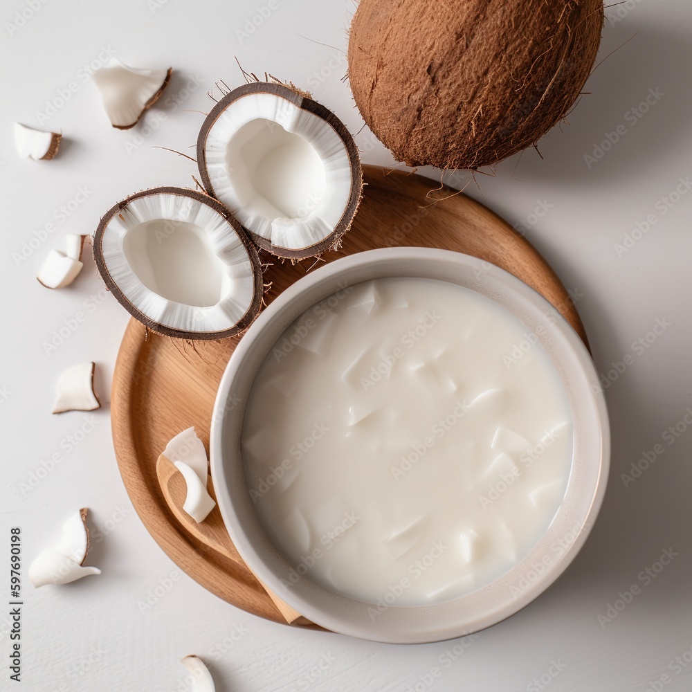 Overhead view of a bowl holding coconut bits and a glass. Generative AI. Overhead view of a bowl holding coconut bits and a glass. Generative AI.
