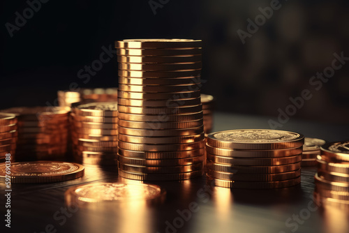 Stacks of golden money coins on black background and concept saving money. Generative AI