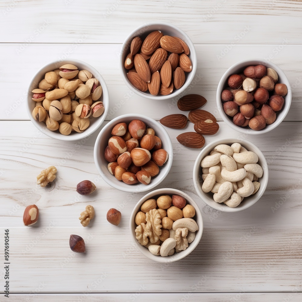 On a background, some nuts are displayed in bowls from above. Generative AI.