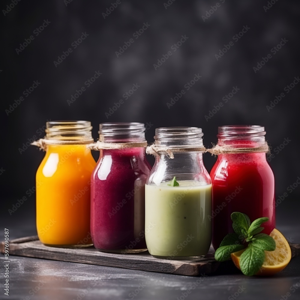 Variously colored smoothies on a concrete table. Generative AI. Variously colored smoothies on a concrete table. Generative AI.