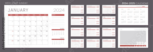 2024 - 2025 Calendar Planner Template. Vector layout of a wall or desk simple calendar with week start sunday. Set of monthly, annual and cover page calendar in minimalist corporate design for print.