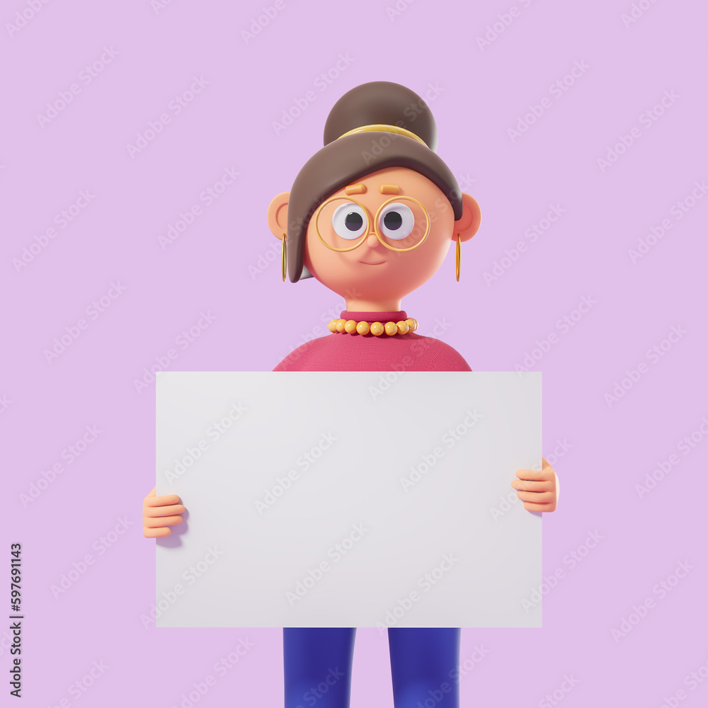 3d rendering. Cartoon woman showing a mock up template on purple background 3d rendering. Cartoon woman showing a mock up template on purple background