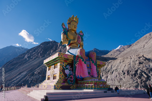 huge buddha statue at Diskit Monastery also known as Deskit Gompa is the oldest and largest Buddhist monastery in the Nubra Valley of Ladakh, northern India. 