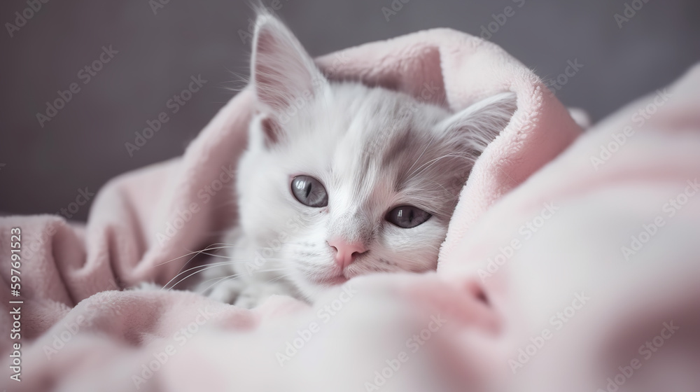 Cute cat under a cozy blanket, generative AI