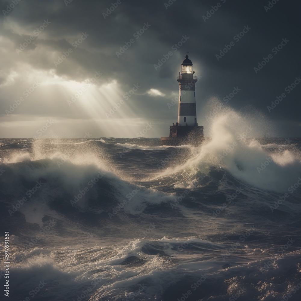 lighthouse shining brightly in the dark amid a storm and a turbulent sea, Generative AI.
