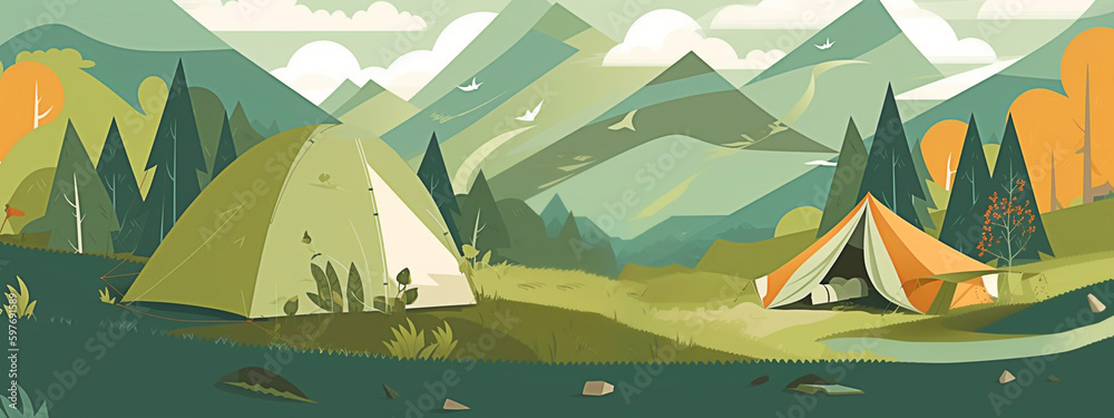 Camping in the mountains illustration in flat cartoon style. Generative AI