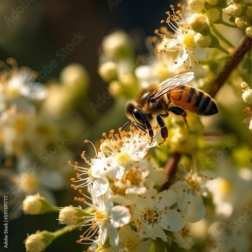 On a sunny day, a bee gathers nectar. Wild insect life, Generative AI.