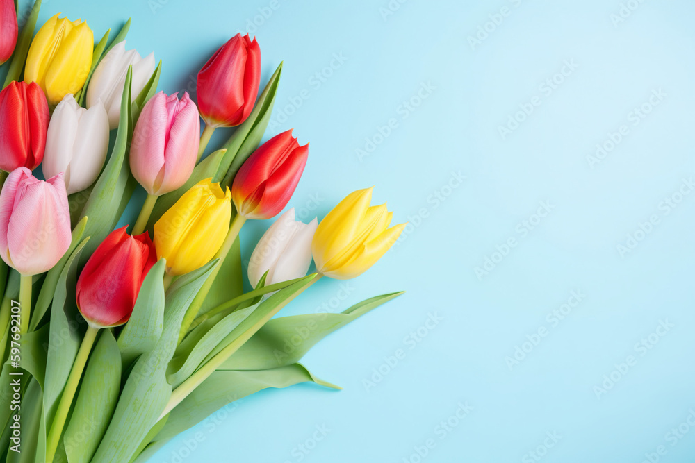 A colorful bouquet of tulips on blue background, Generative AI A colorful bouquet of tulips on blue background, Generative AI