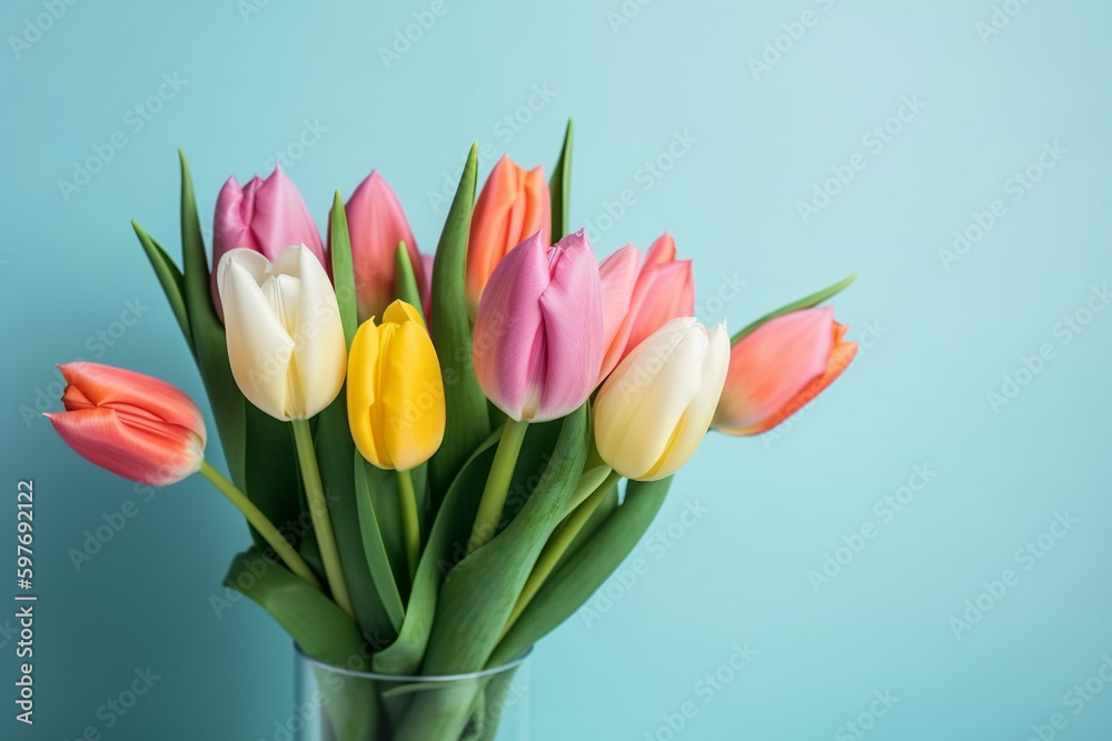 A colorful bouquet of tulips on blue background, Generative AI A colorful bouquet of tulips on blue background, Generative AI