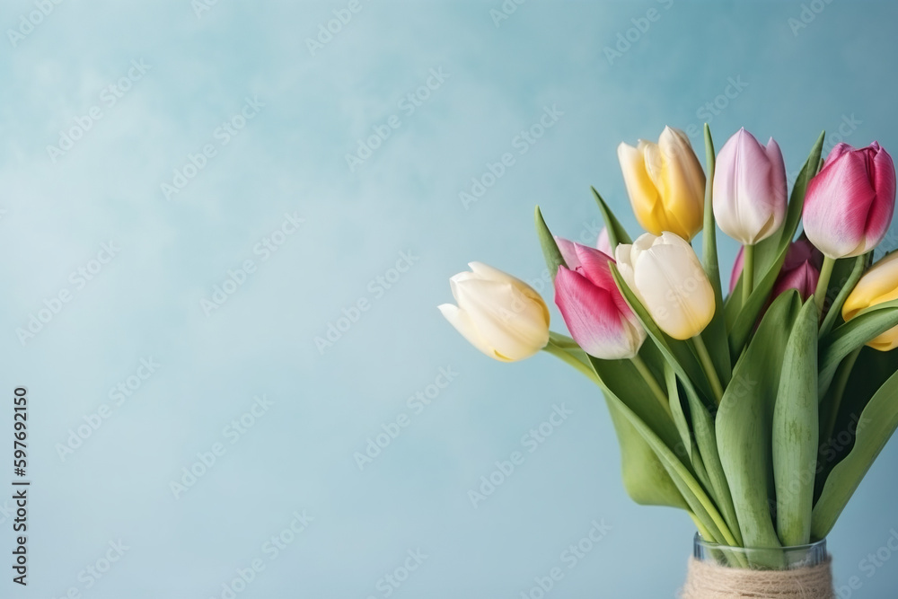 A colorful bouquet of tulips on blue background, Generative AI A colorful bouquet of tulips on blue background, Generative AI