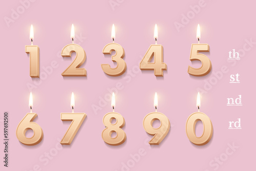 Birthday candles set for anniversary cake, 3D burning beige wax numbers with fire