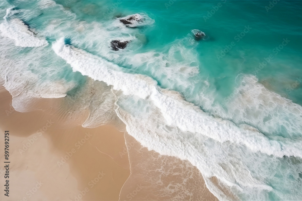 Beautiful blue sea ocean with shallow waves. Generative AI illustration