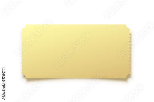 3D golden blank ticket mockup, coupon for entry to carnival, circus, theater movie show