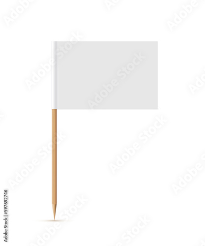 White flag on wooden toothpick. Rectangle paper topper for cake or other food isolated on white background. Blank mockup for advertising and promotions, location mark, map pointer