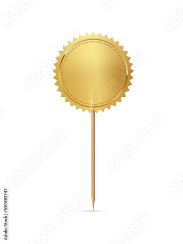 Toothpick with round golden blank flag, cake topper mockup, 3D small gold decor label