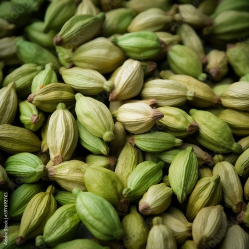 Cardamom pods in green as a backdrop or background, Generative AI.
