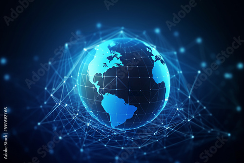 Telecommunication technology with connections around Earth viewed from space. Internet, IoT, cyberspace, global business, innovation, big data science, digital finance, blockchain, Generative AI