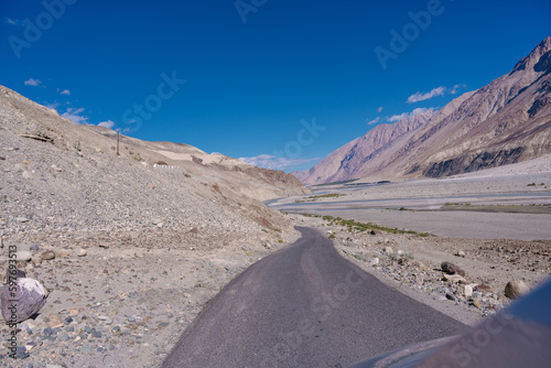The road, mountain and blue sky, beautiful scenery on the way to Pangong lake, Ladakh, India