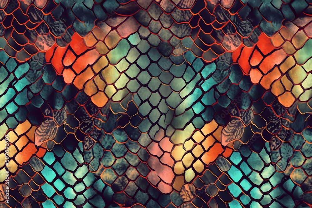 vector Snake skin in editable seamless pattern, Bright color, 8k