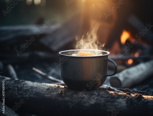 cup of hot soup at a camp fire, outdoor backlight scene, generative ai