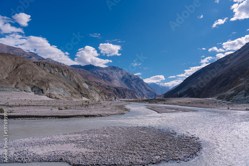 beautiful scenery, the river flows between the foothills of the mountains in the valley at ladakh, India
