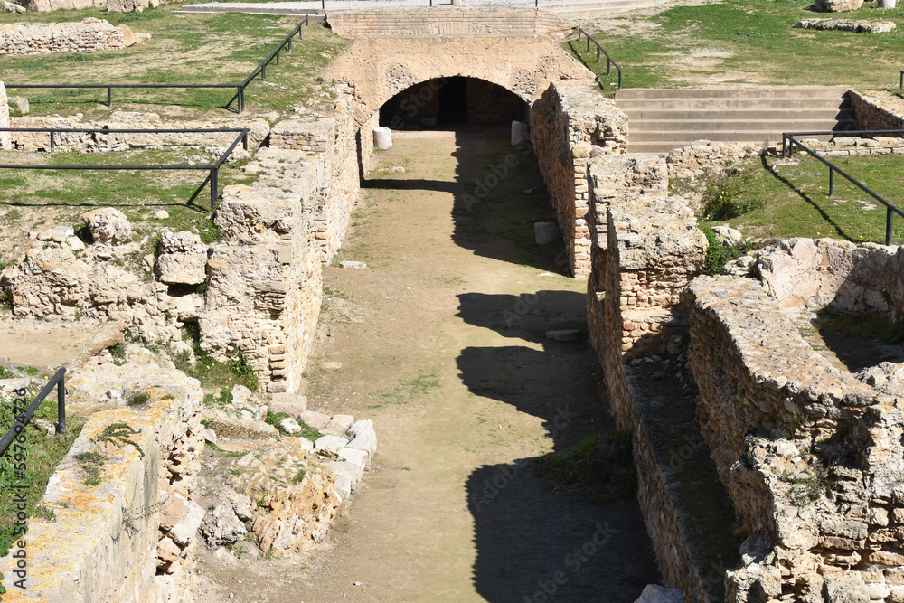 Walkway in the Hypogeum of the Roman Amphitheater at Carthage, High Angle View